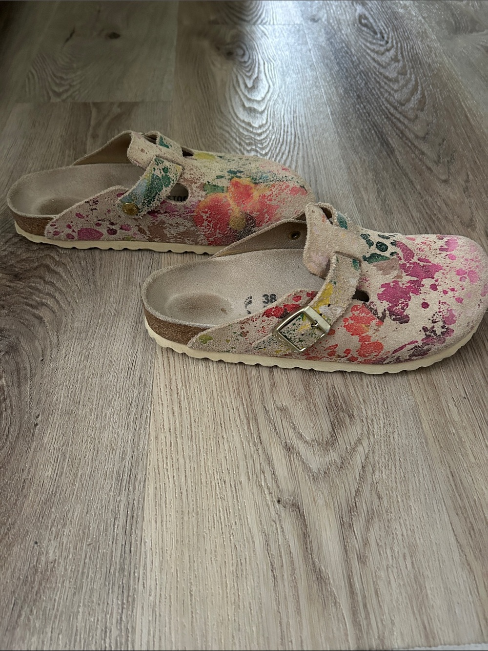 Birkenstock Rare Flower Crush Paint Splatter Print Boston Clog Sandals 38 7 - Picture 3 of 6